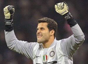 Inter Milan's goal keeper Cesar celebrates team mate Cruz's goal against Fenerbahce during their Champions League Group G soccer match in Milan