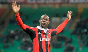 Mario Balotelli celebrates his goal against Udinese in his debut match for AC Milan
