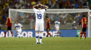 Italy's Leonardo Bonucci reacts during their Confederations Cup semi-final soccer match against Spain at the Estadio Castelao in Fortaleza