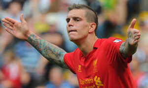 Liverpool's Daniel Agger protests