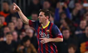Lionel Messi celebrates after scoring for Barcelona against Manchester City in the Champions League