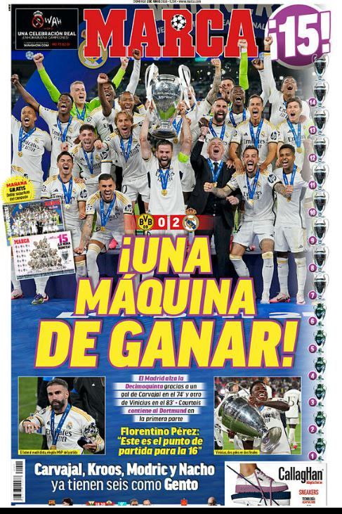 Le prime pagine dei giornali esteri celebrano la Champions League del Real Madrid