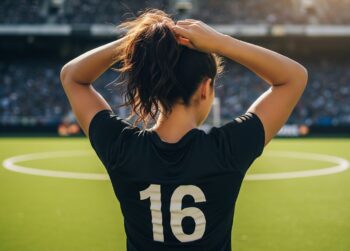 alt="Squadra di calcio femminile italiana unita sul campo da gioco, con le giocatrici che si abbracciano, di fronte a uno stadio con tifosi, a rappresentare la crescita e lo spirito collettivo del calcio femminile."