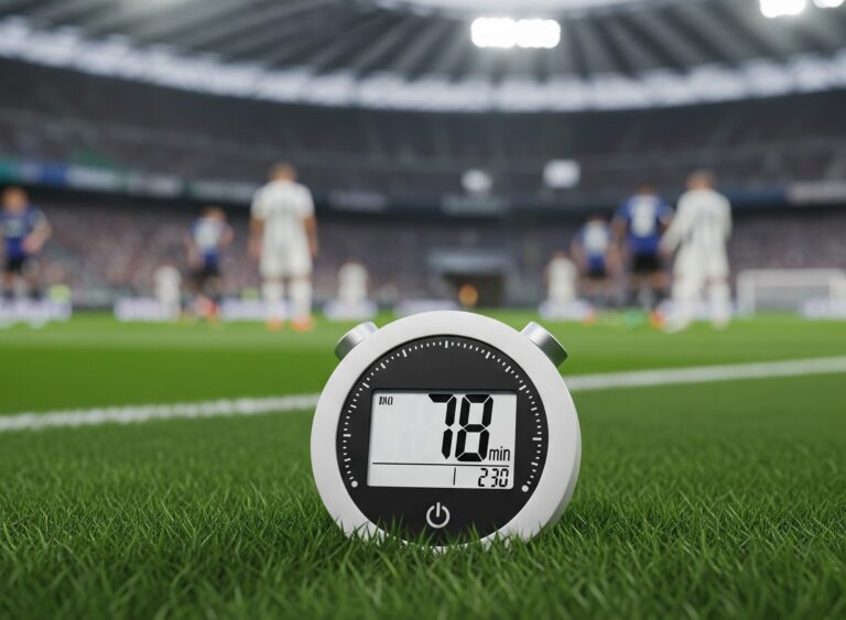 alt="Cronometro digitale da calcio su un campo di Serie A, che mostra un tempo di gioco effettivo di 78 minuti, con la partita in corso sfocata sullo sfondo."