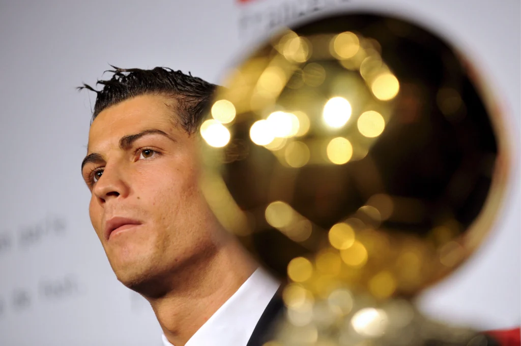 Manchester United Portuguese football player Cristiano Ronaldo awarded with 'Ballon d'Or' (Golden ball) near Paris