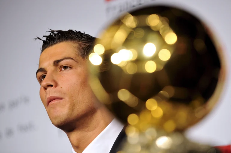 Manchester United Portuguese football player Cristiano Ronaldo awarded with 'Ballon d'Or' (Golden ball) near Paris